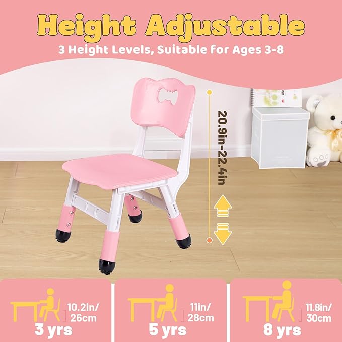 FUNLIO Adjustable Kids Chair (2pcs), 3 Level Height Adjustable Toddler Chair for Ages 3-8, Sturdy Child Chair with Maximum Bearing 220lbs, for Classrooms/Daycares/Homes, CPC & CE Approved - Pink - LeafyLoom