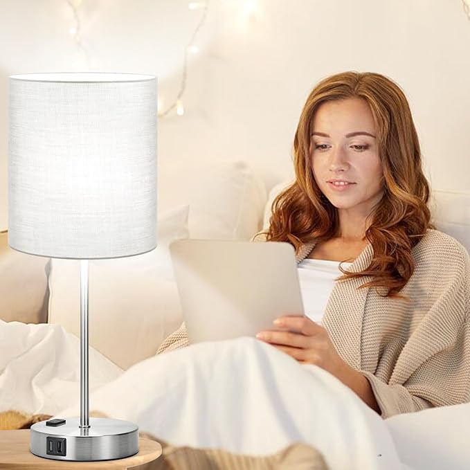 𝟮𝟬𝟮𝟯 𝗡𝗘𝗪 Set of 2 Touch Grey Table Lamps with 2 USB Ports & AC Outlet, 3-Way Dimmable Bedside Nightstand Lamps for Bedroom Living Room Nursery, 800 Lumens 5000K Daylight Bulbs Included - LeafyLoom