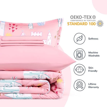 SLEEP ZONE Kids Bedding Comforter Set Full/Queen Size - Super Cute & Soft Kids Bedding 7 Pieces Set with Comforter, Sheet, Pillowcase & Sham (Unicorn Castle) - LeafyLoom