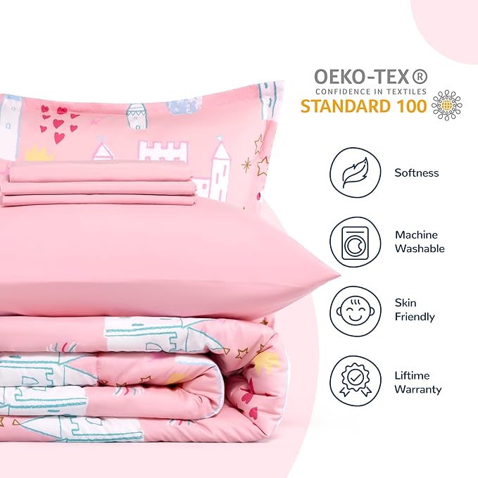 SLEEP ZONE Kids Twin Bedding Comforter Set - Super Cute & Soft Kids Bedding 5 Pieces Set with Comforter, Sheet, Pillowcase & Sham (Unicorn Castle) - LeafyLoom