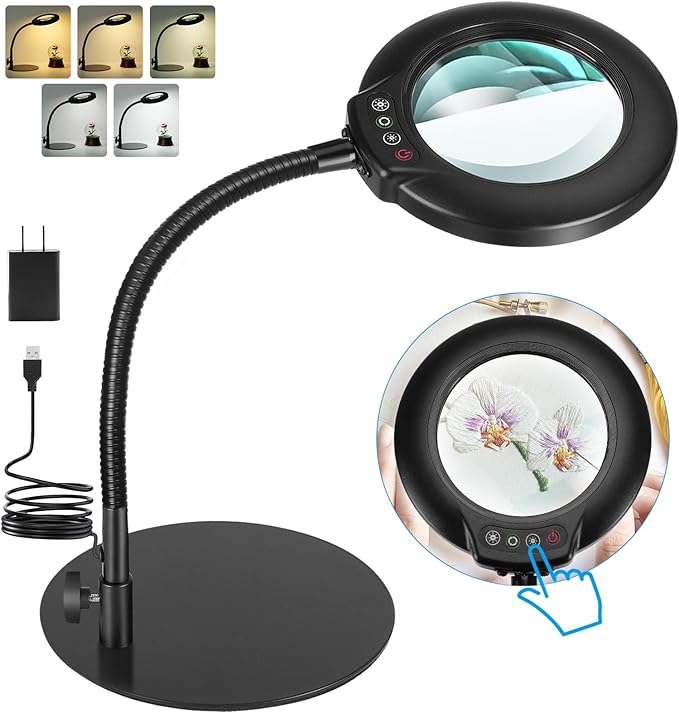 10X Magnifying Glass with Light, Flexible Gooseneck Lighted Magnifier with Stand, 5 Color Modes Stepless Dimmable LED Desk Lamp Hands Free for Crafts Painting Sewing Jewelry Reading Close Work - LeafyLoom