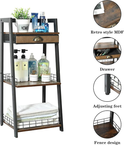 keomaisyto 3-Tier Bathroom Ladder Shelf, Bathroom Floor Storage Shelf with Drawer, Freestanding Tower Shelf, Open Shelving Unit for Bathroom Living Room Balcony - LeafyLoom