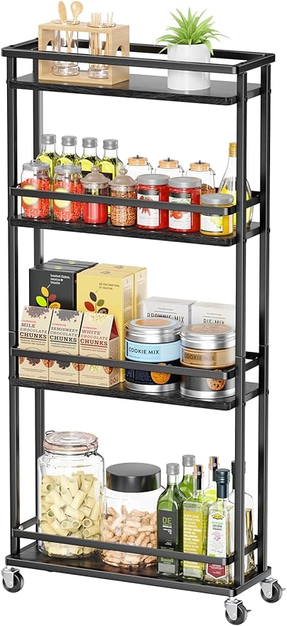 Slim Storage Cart 4 Tier Narrow Kitchen Rolling Cart on Wheels for Small Space, Mobile Spice Rack Seasoning Organizer Utility Serving Cart for Kitchen Bathroom Laundry, Black - LeafyLoom