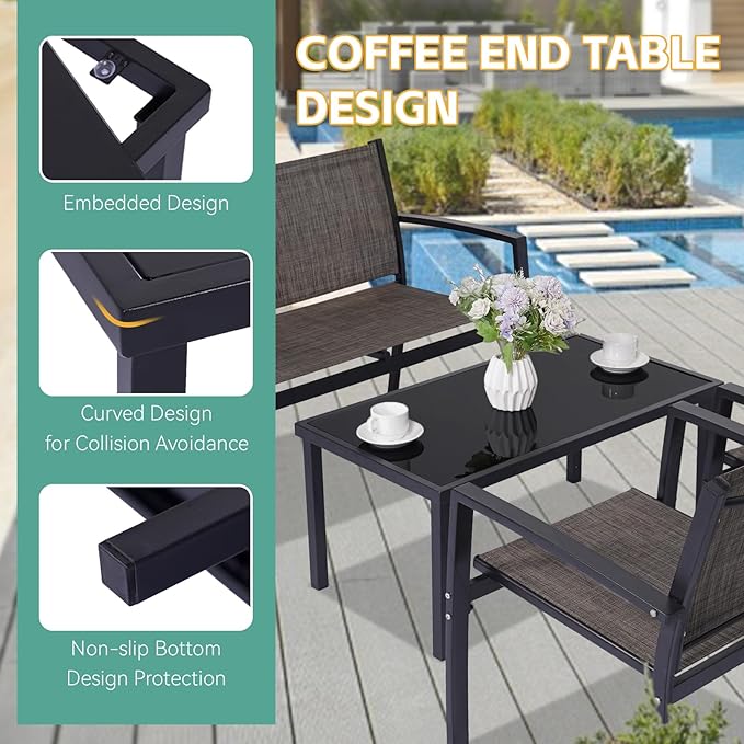 4 Pieces Patio Furniture Set Outdoor Garden Patio Conversation Sets Poolside Lawn Chairs with Tempered Glass Coffee Table Loveseat Porch Furniture Textilene Fabric Brown - LeafyLoom