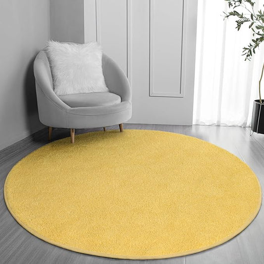 Round Area Rugs for Bedroom Living Room, 4x4 Yellow Super Soft Comfy Thickened Memory-Foam Indoor Circle Carpets, Modern Aesthetic Minimalist Carpet for Boys Girls Adults Nursery Home Décor - LeafyLoom