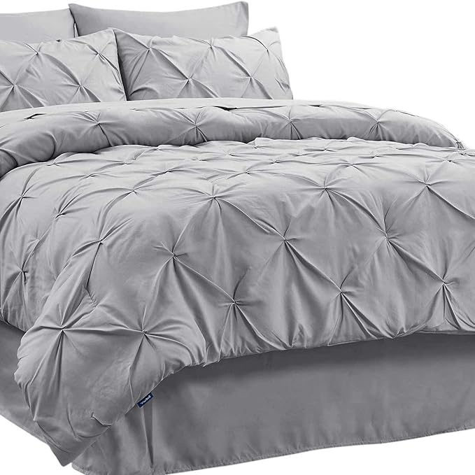 Bedsure King Size Comforter Set - Bedding Set King 7 Pieces, Pintuck Bed in a Bag Grey Bed Set with Comforter, Sheets, Pillowcases & Shams - LeafyLoom