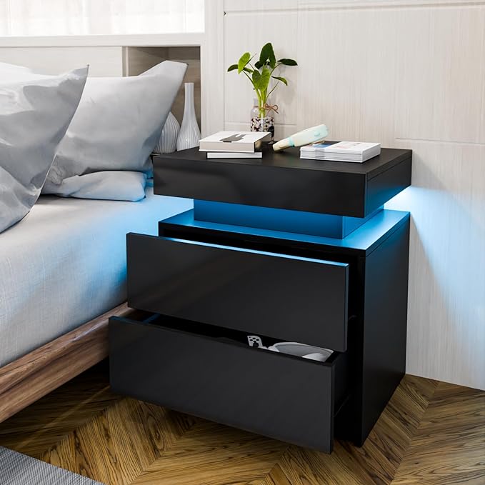 HOMMPA LED Nightstand Black Nightstand with Led Lights Modern Night Stand with 2 High Gloss Drawers Led Bedside Table Smart Nightstand for Bedroom 20.5” Tall - LeafyLoom