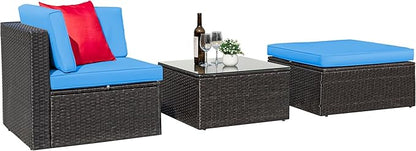 Greesum 3 Piece Patio Conversation Set Wicker Rattan Furniture Outdoor Sofa with Cushions,Pillows and Glass Table for Porch,Lawn and Yard, Blue - LeafyLoom