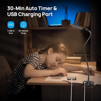 TROND Desk Lamp with Versatility Clamp, 1000LM Clip on Light, 5 Color Modes 5 Brightness Levels, Gooseneck Touch Control with USB Charging Port, 30 Mins Timer for Reading Craft Sewing Work Study Task - LeafyLoom