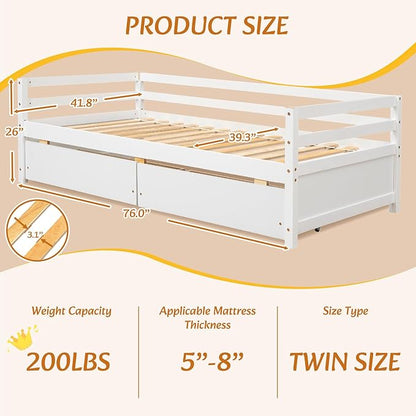 Twin Daybed with 2 Storage Drawers,Pinewood Twin Size Daybed Frame with Guardrail,for Boys/Girls/Teens Bedroom, Easy to Assemble, No Box Spring Needed,White - LeafyLoom