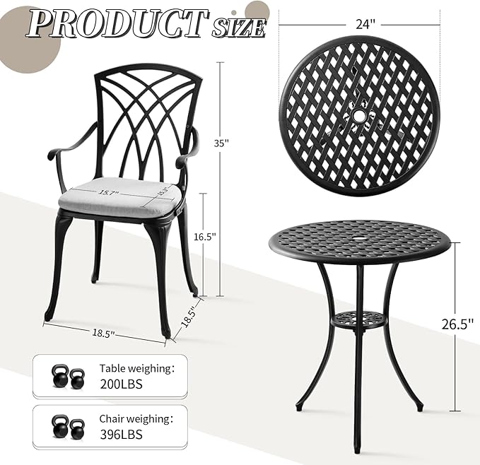 3 Piece Patio Bistro Set with Cushions, Outdoor Bistro Table and Chairs Set of 2 with Umbrella Holes, All Weather Bistro Table Set for Garden Porch Pools - LeafyLoom