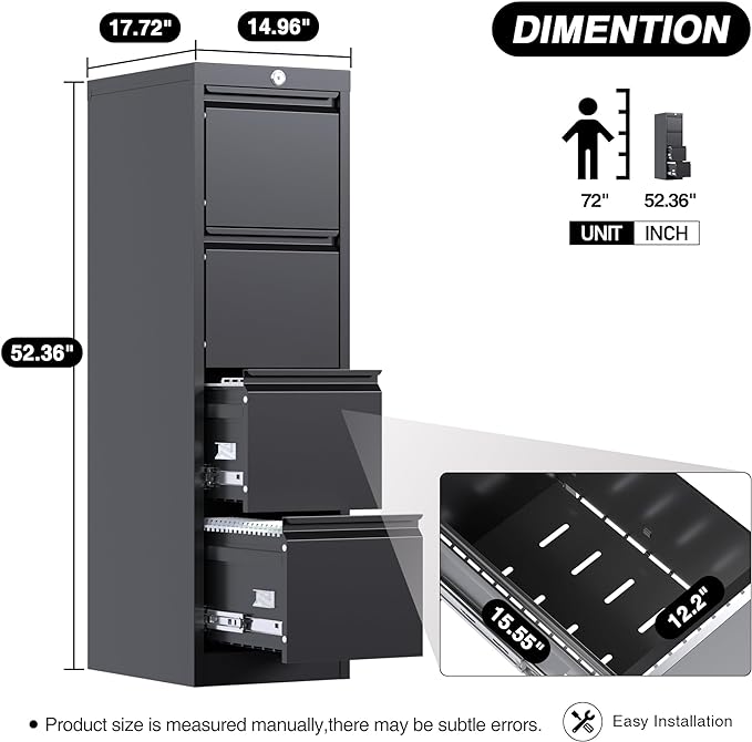 4 Drawer File Cabinet, Vertical Filing Cabinets with Lock, Metal File Cabinets for Home Office A4 Letter/Legal Size, Assembly Required - LeafyLoom