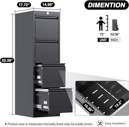 4 Drawer File Cabinet, Vertical Filing Cabinets with Lock, Metal File Cabinets for Home Office A4 Letter/Legal Size, Assembly Required - LeafyLoom