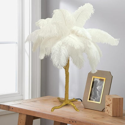 White Bedside Lamp Ostrich Feather Desk Lamp Gold Resin Ostrich Feather Table Lamp, Girls Gift Romantic Wedding Decoration Palm Tree Lamps G4*3 - LeafyLoom