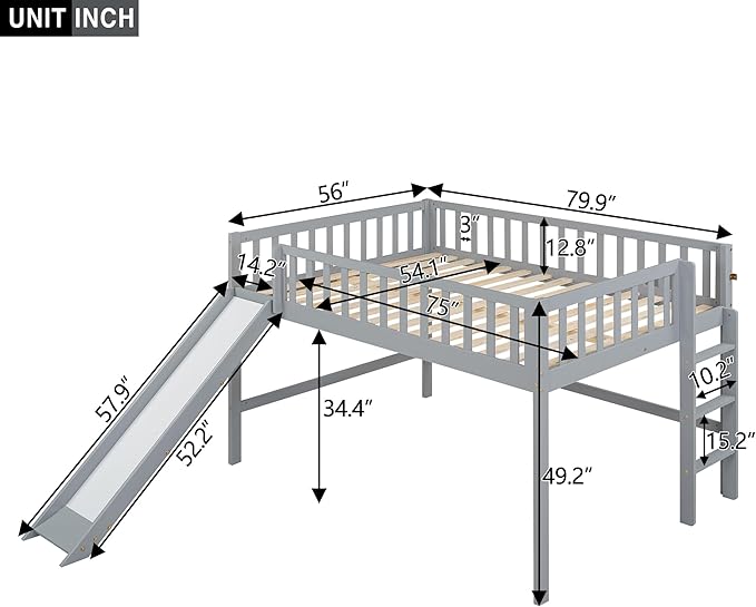 Merax Full Size Wood Low Loft Bed Frame with Slide for Kids Girls Boys,Full Length Guardrails, Gray - LeafyLoom