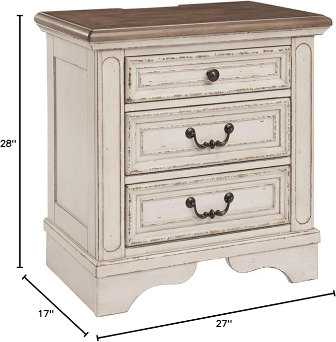 Signature Design by Ashley Realyn French Country 3 Drawer Nightstand with Electrical Outlets & USB Ports, Chipped White - LeafyLoom