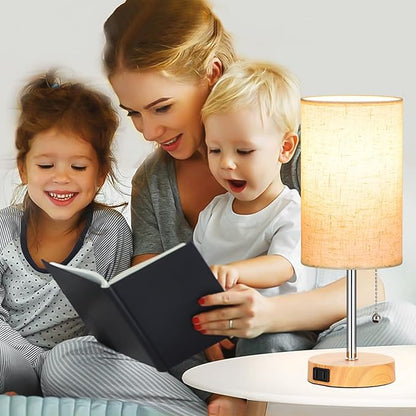 Set of 2 Table Lamps for Bedroom, 2700K/4000K/5000K Bedside Lamp Nightstand Lamp with Pull Chain and AC Outlet, Table Lamp for Living Room Reading Kids Room Wood Grain (8W LED Bulbs Included). - LeafyLoom