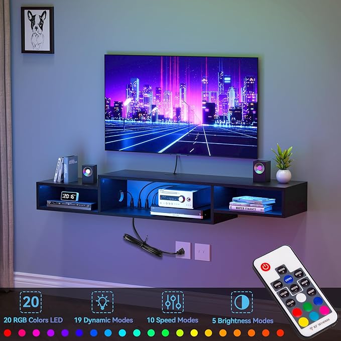 FABATO 59'' Floating TV Stand with LED Light Power Outlet, Floating Shelf for Under TV Wall Mount with Storage Shelf, Media Console Entertainment Center for Living Room, Black - LeafyLoom