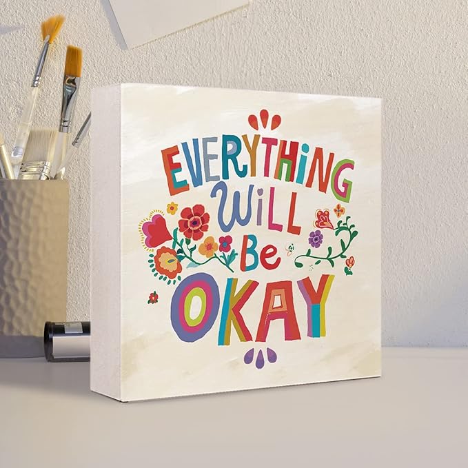 Ruvoty Everything Will Be Okay Colorful Word Art Wooden Sign Desk Decor,Inspirational Wood Block Sign Desk Decorations for Home Bedroom Dorm Office Desk Shelf Table Decor - LeafyLoom