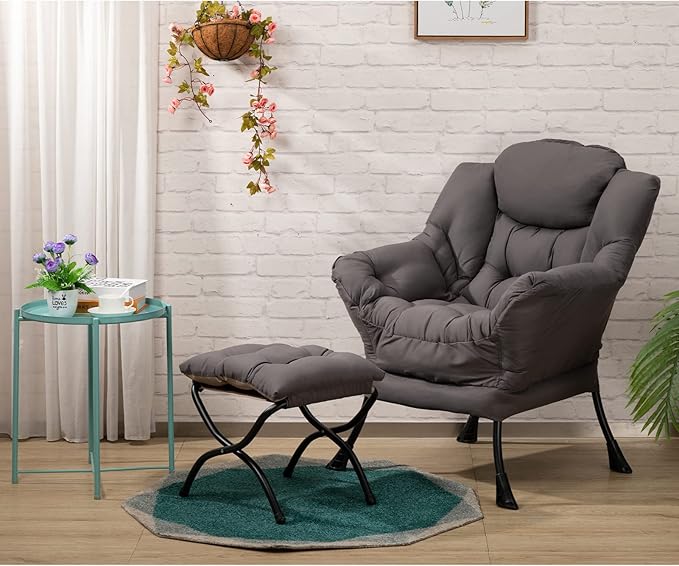 AcozyHom Modern Fabric Lazy Chair and Folding Footrest Stool Set, Accent Comfy Lounge Arm Chair and Ottoman, Leisure Sofa Reading Chair and Metal Cotton Footstool for Living room, Bedroom, Dark Grey - LeafyLoom