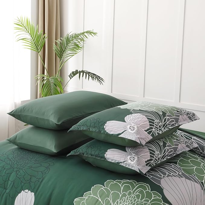 Yiran 7 Pieces Queen Floral Comforter Set,Emerald Green Bed in a Bag Flowers Comforter,Soft Microfiber Bedding Set with Comforter, Sheets, Pillowcases & Shams 90"×90" - LeafyLoom