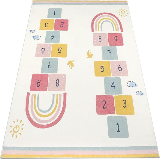 Topotdor Rainbow Sky Hopscotch Game Rugs,Kids Play Area Rugs Soft Floor Carpet for Bedroom Playroom Nursery,Great Gift for Girls & Boys,47" x 71" - LeafyLoom