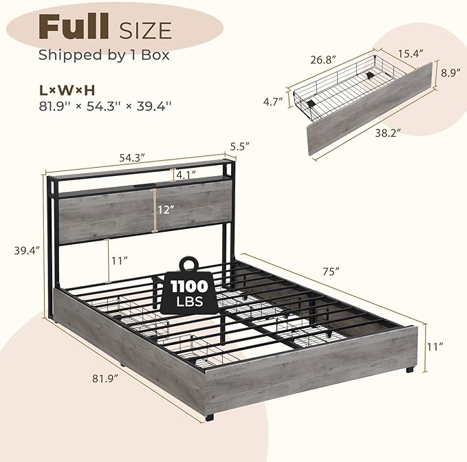 LED Full Bed Frame with 4 Storage Drawers & Charging Station, Platform Metal Bed Frame with Headboard, Noise-Free, No Box Spring Needed, Ancient gray - LeafyLoom