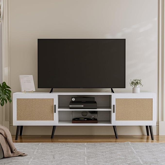 TV Stand for TVs up to 65'', Mid Century Modern Entertainment Center with Rattan Door, Shelves & 2 Cabinets, Boho Media TV Console for Living Room, Bedroom, White - LeafyLoom