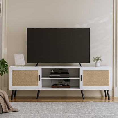 TV Stand for TVs up to 65'', Mid Century Modern Entertainment Center with Rattan Door, Shelves & 2 Cabinets, Boho Media TV Console for Living Room, Bedroom, White - LeafyLoom