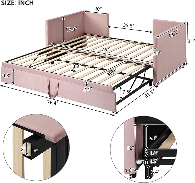 Bellemave Twin Size Upholstered Daybed with Pop up Trundle,Velvet Twin Daybed Frame,Twin to King Daybed,Day bed with Trundle Bed Twin,Tufted Sofa Bed Daybed,Bedroom,Living Room,Guest Room(Pink) - LeafyLoom