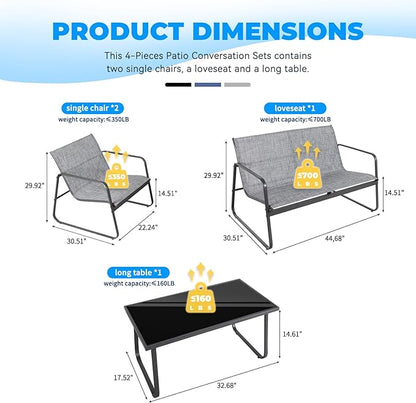 4 Pieces Patio Furniture Set Outdoor Patio Conversation Sets Poolside Lawn Chairs with Glass Coffee Table Porch Furniture for Courtyard, Garden and Balcony (Grey) - LeafyLoom