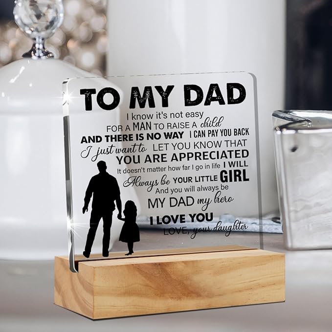 Father Gift Dad Gifts From Daughter, to My Dad My Hero Quote Desk Decor Acrylic Desk Plaque Sign with Wood Stand Home Office Desk Sign Keepsake Present - LeafyLoom