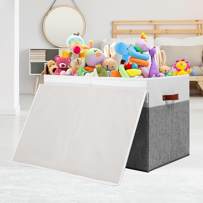 Large Toy Storage Box with Lid, Sturdy Toys Storage Chest Bin Organizer Basket with Dividers for Kids, Boys, Girls, Nursery, Closet, Bedroom, Playroom 26"x17" x17" (Grey and White) - LeafyLoom