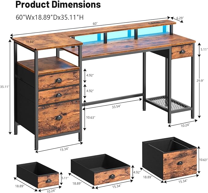 Furologee Computer Desk with Drawers, 60" Office Long Desk with Fabric File Cabinet and Power Outlets, Gaming Desk with LED Lights, Study Writing Work Desk for Home Office, Rustic Brown - LeafyLoom