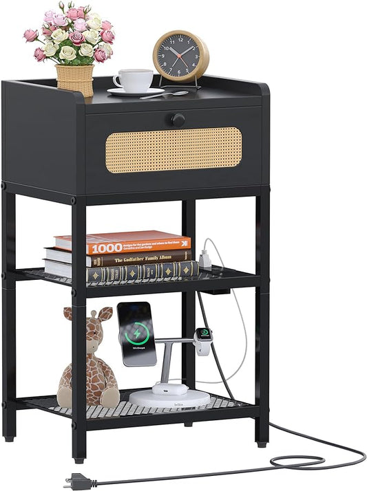 Night Stand, Side Table with Rattan Drawer, Nightstand with Charging Station, Industrial Bedside Table with 3-Tier Storage, Black JET003CB1 - LeafyLoom