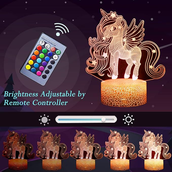 Unicorn Night Light, 3D Illusion Lamp Unicorn Lights for Kids Room, 16 Colors & Flashing Modes with Remote Control Opreated Dimmable Christmas Birthday Gifts for Boys Girls Kids Children Teen - LeafyLoom