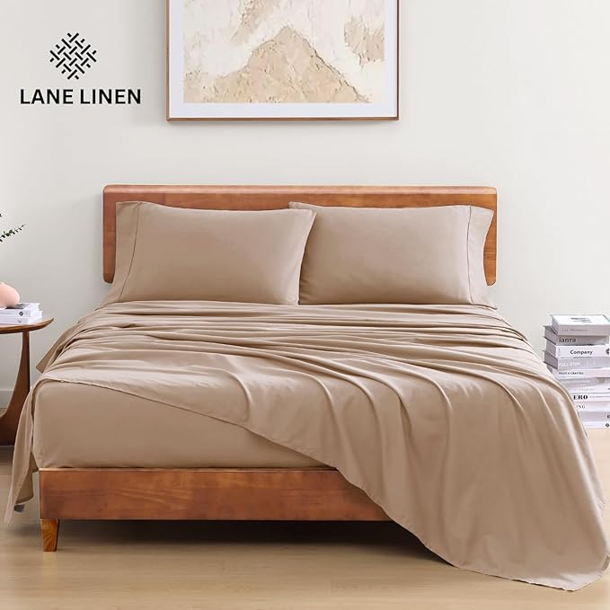 LANE LINEN 100% Organic Cotton Sheets Set Pure Long- Staple Percale Weave - Bedding for Bed Fits Mattress Upto 15" Deep Pocket (Queen Taupe) - LeafyLoom