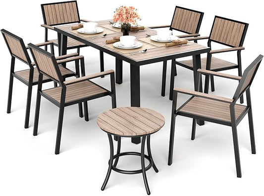 Pamapic 8-Piece Patio Dining Set，Outdoor Aluminum Furniture Set with Plastic-Wood Table Top,Outdoor Furniture Set with 6 Outdoor Stackable Chairs for Patio Garden Poolside，Walnut - LeafyLoom