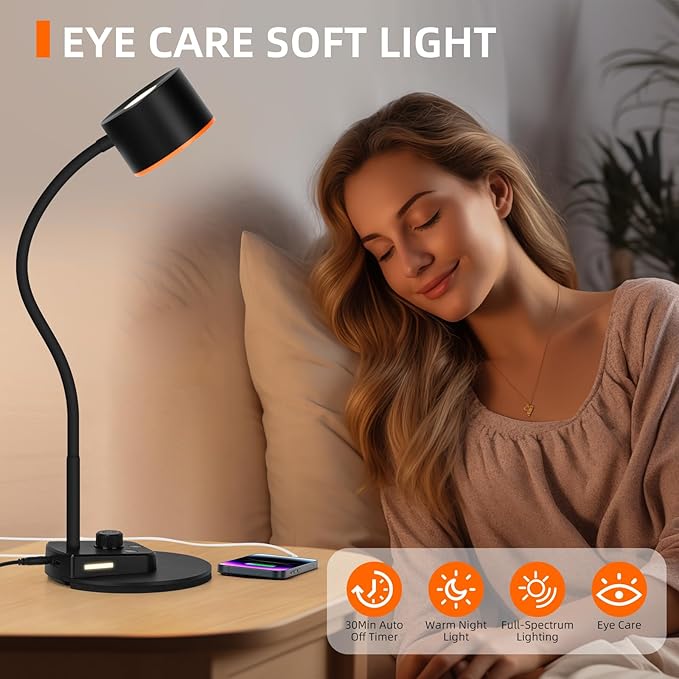 Desk Lamp, LED Desk Lamp with USB C + A Charging Ports, 5 Colors Fully Dimmable Eye Care Reading Lamp for Bedside Table Full Metal Efficient Gooseneck Table Lamp for Home Office Black - LeafyLoom