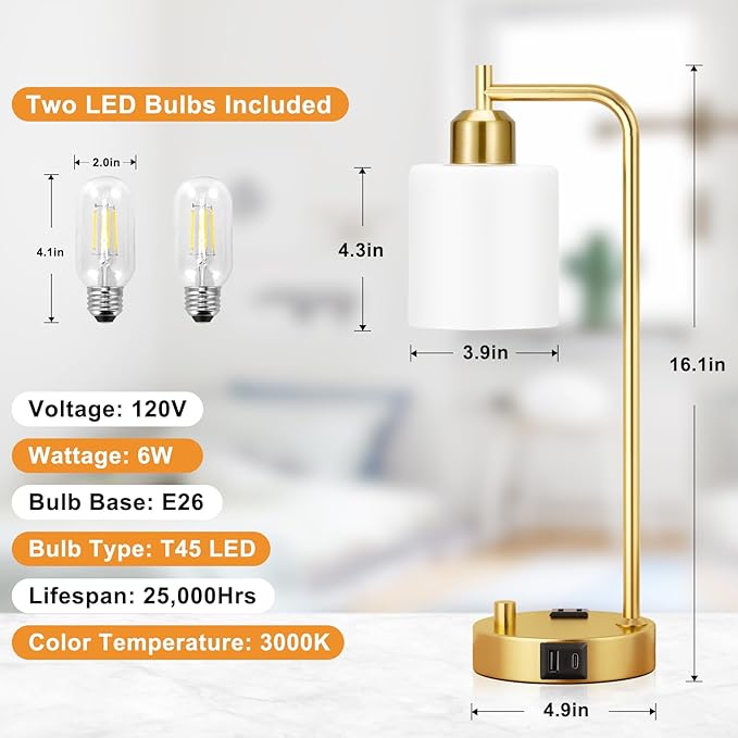 Innqoo Industrial Table Lamps for Bedroom Set of 2 - Fully Dimmable Bedside Lamps with USB Ports and Outlet, Gold Nightstand Lamps with Opal Glass Shade for Living Room, Desk Lamps for Office Reading - LeafyLoom