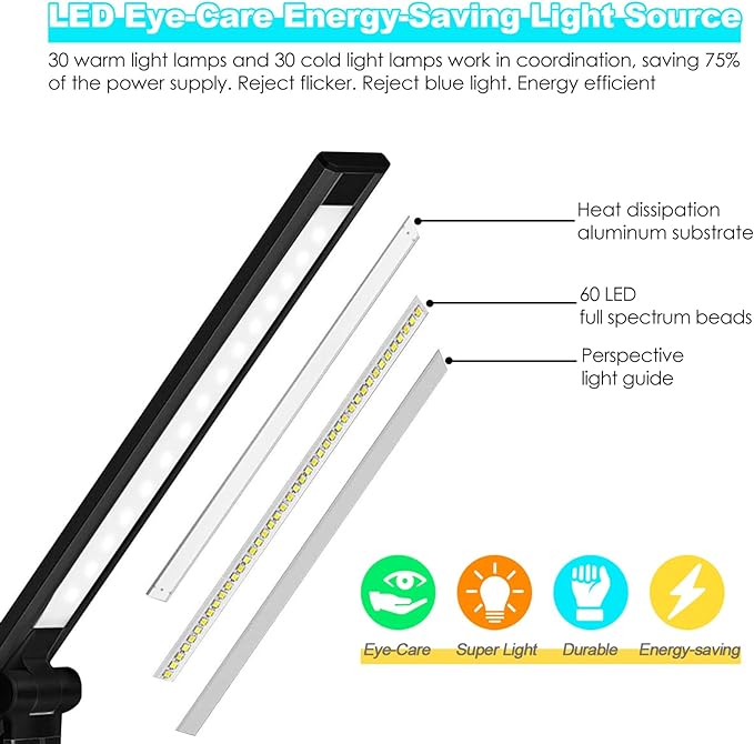 LED Desk Lamp with Wireless Charger, USB Charging Port, 10 Brightness, 5 Color Modes, Desk Lamps for Home Office, Dimmable Table Lamp Eye Caring Reading Light, Touch Control, Auto Timer, Black - LeafyLoom