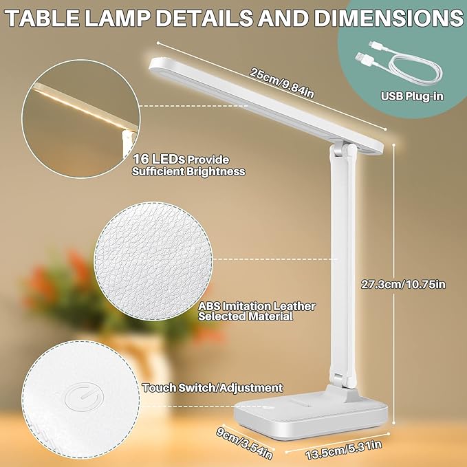 LED Desk Lamp with Touch Control for Reading, No Flicker, 3 Color Modes, Foldable for Table and Eye Caring for Office, Home, Dormitory, USB Interface DC5V 1A - LeafyLoom