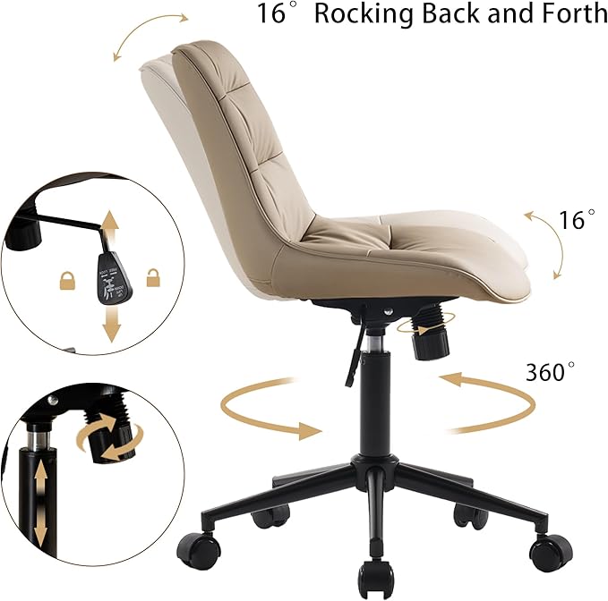 Kidol & Shellder Armless Office Chair Desk Chair Comfy Makeup Vanity Chair with Back Ergonomic Swivel Chair Home Office Desk Chairs with Wheels Rolling Computer Chair Bedroom Accent Chair(Khaki) - LeafyLoom