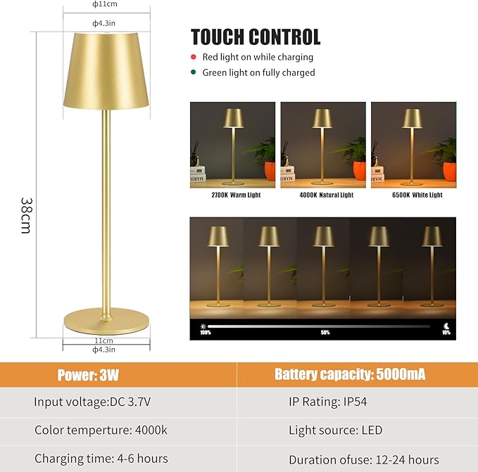 BGFHome Cordless Table Lamp LED Desk lamp,5000mAh Rechargeable Touch Night Light Wireless Minimalist Design for/Restaurant/Bedroom/Bars/Outdoor Party/Camping/Coffee Shop(2 Pack Gold)… - LeafyLoom