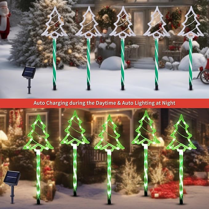 Solar Christmas Pathway Lights Outdoor Decorations, 8 Modes Xmas Tree Candy Lights Waterproof Led Garden Stake Lights for Walkway Yard Lawn Porch Holiday Decor 5-Pack (Green Xmas Tree Lights) BRIGHTDECK