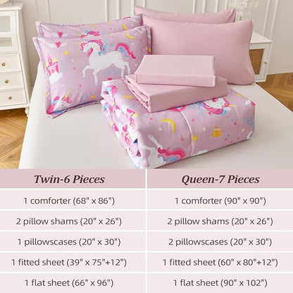 Queen Comforter Set for Girls, 7 Pieces Bed in a Bag with Shams, Sheet Set, Pink Unicorn Double Soft Microfiber Kids Comforter Bedding Set - LeafyLoom