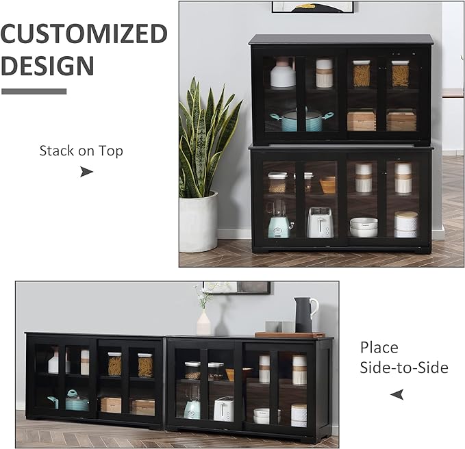 HOMCOM Sideboard Buffet Cabinet, Stackable Credenza, Coffee Bar Cabinet with Sliding Glass Door and Adjustable Shelf, Black - LeafyLoom