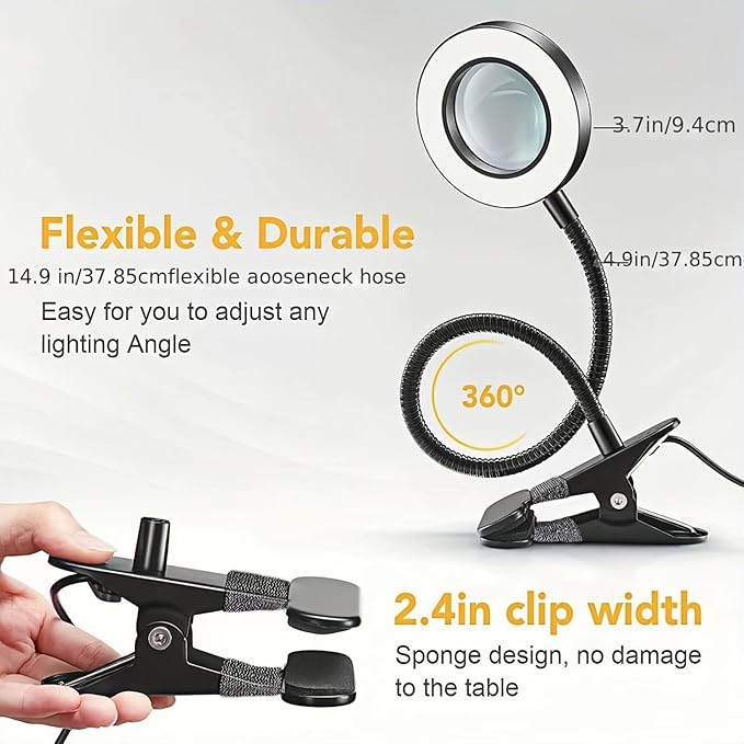 Magnifying Glass with Light and Stand 10X, Craft Lamp Adjustable Gooseneck Clip on Lamp 12W 3 Colors Dimmable LED Desk Lamp Lighted magnifying glass for Working,Studying Crafting Professionals - LeafyLoom