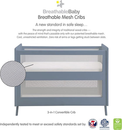 BreathableBaby Breathable Mesh 3-in-1 Convertible Crib (Toddler Bed Kit Sold Separately) — Steel Gray — Two Adjustable Mattress Heights — Greenguard Gold Certified - LeafyLoom