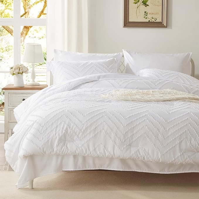 Anluoer Full Comforter Set, White Tufted Bed in a Bag 7 Pieces with comforters and sheets, All Season Bedding Sets with 1 Comforter, 2 PillowShams, 2 Pillowcases, 1 Flat Sheet, 1 Fitted Sheet - LeafyLoom